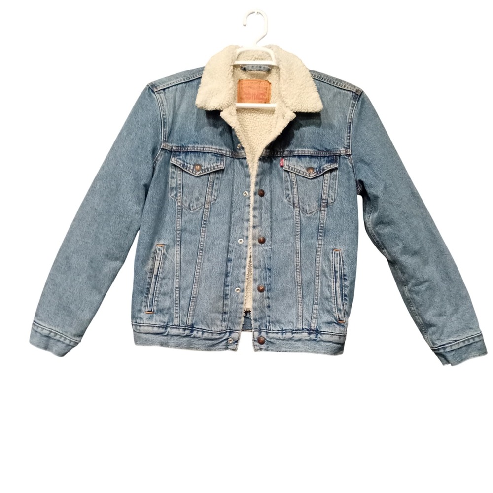Levis Mens Sherpa Lined Trucker Jacket Medium Wash Denim Blue 163650044 Size M